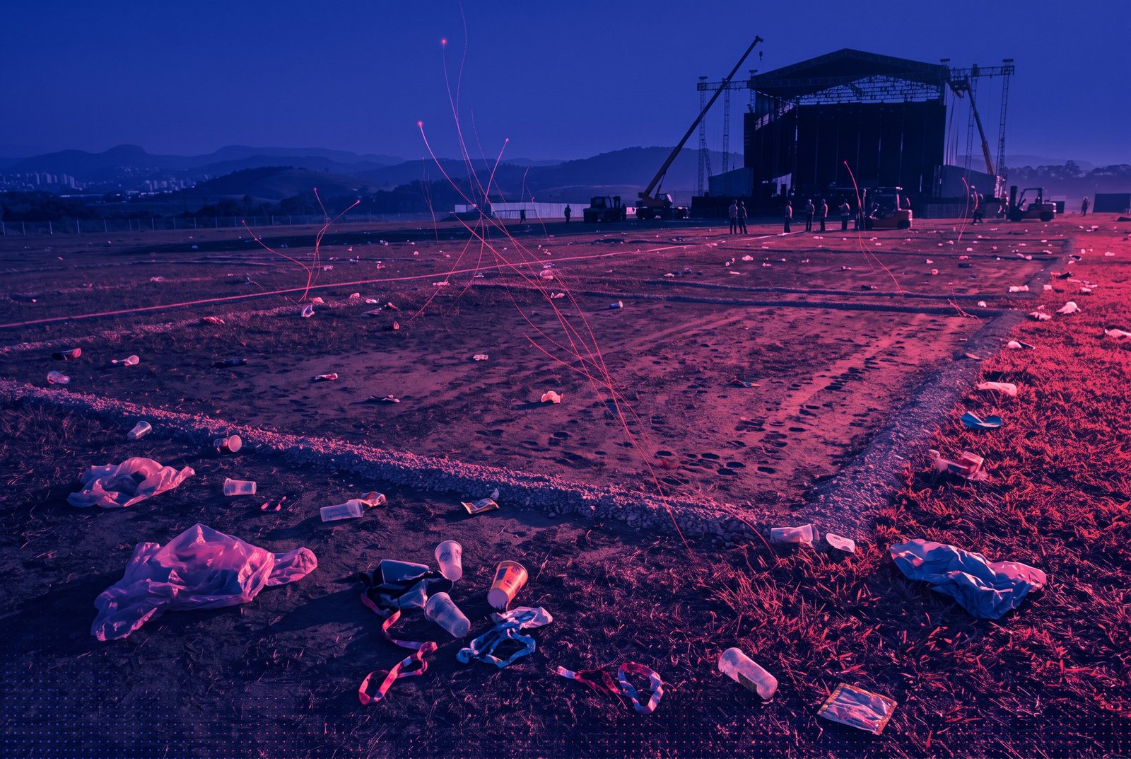 a Brazilian festival field the morning after, empty, the marks of the structure still on the ground and a stage being taken down in the background; data threads rise from the ground and fade out before reaching anywhere