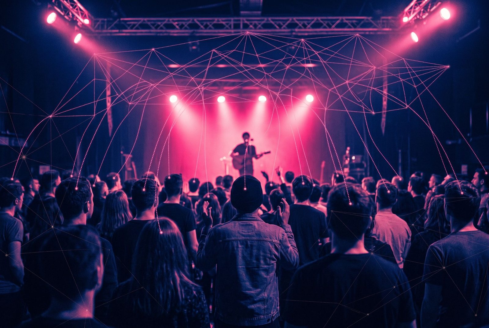 an intimate show in a small venue, seen from behind the audience: an artist with an acoustic guitar on a pink-lit stage in the background and the crowd from behind in the foreground; a dotted luminous thread rises from each person, and the threads meet above the crowd in an organised web
