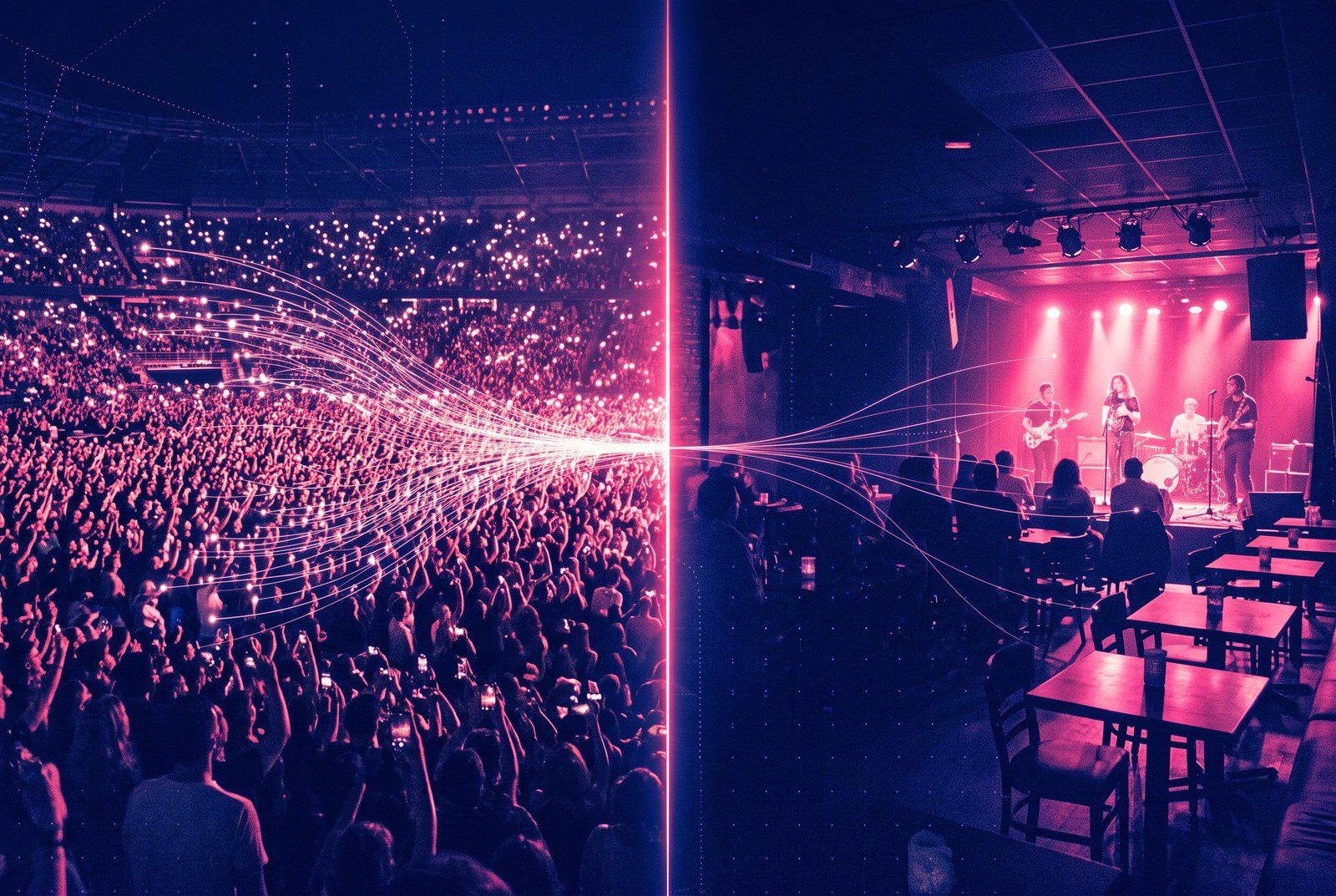 two realities in one frame, split by a line of light: a packed stadium on the left, a half-empty club on the right; the data threads flow dense on one side and thin on the other
