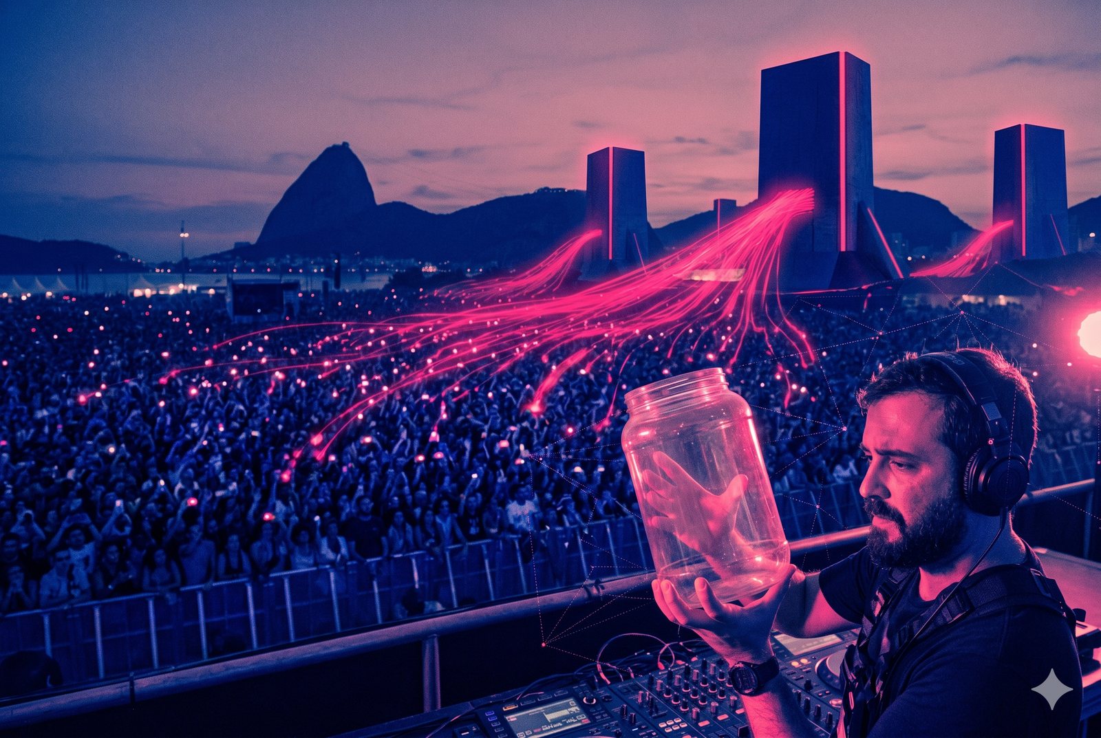 Multidão de festival cuja luz escorre para monólitos de plataformas estrangeiras no horizonte; em primeiro plano, um produtor segura um grande recipiente transparente quase vazio.