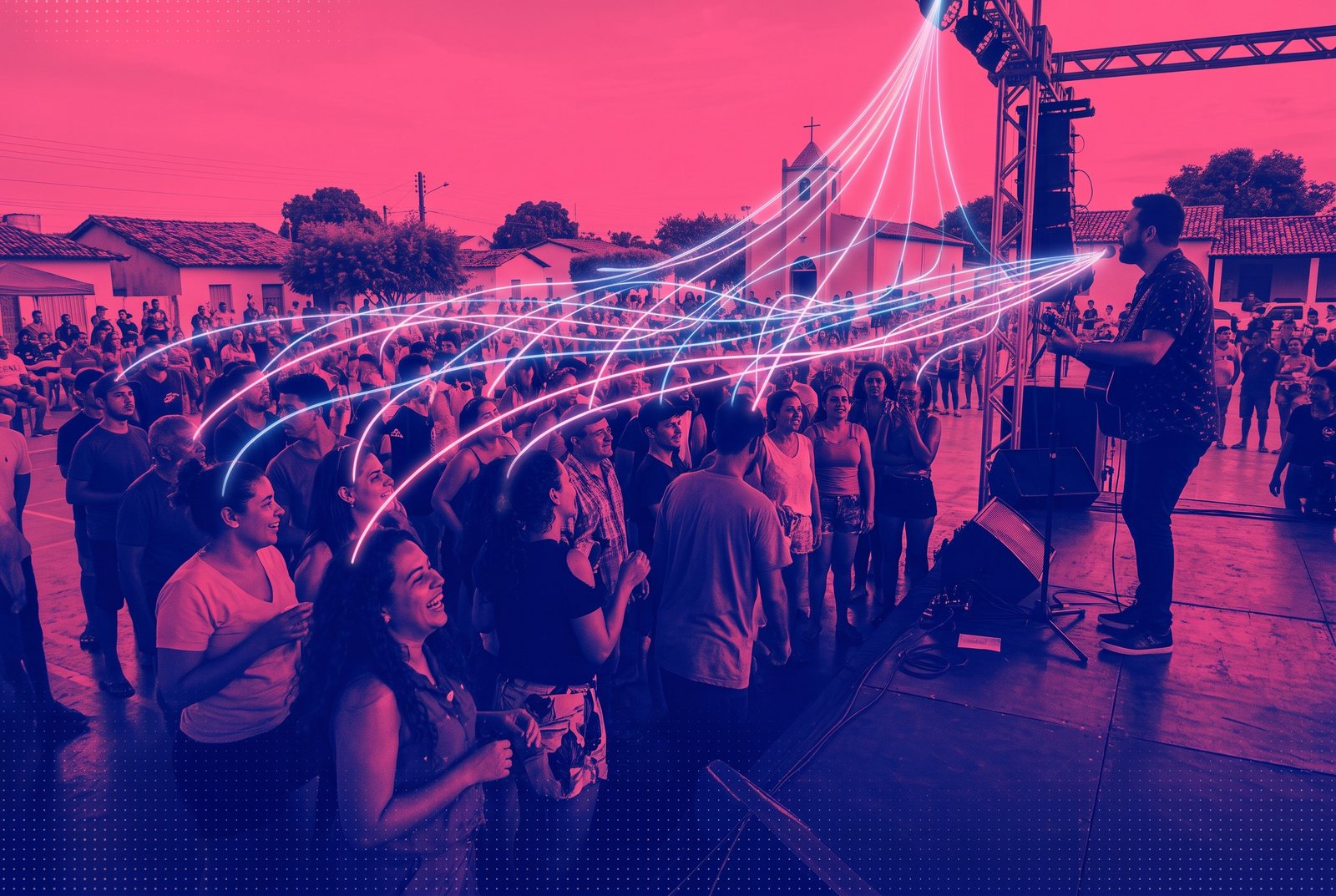 a small festival in an inland town, a modest stage, a few hundred people close to it; you can make out individual faces, and the data threads cross one another instead of vanishing