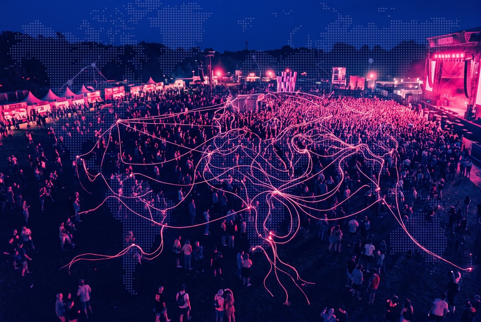 an overhead view of a festival crowd at night, thin threads of light connecting isolated points until they form a single continuous pattern, a few still loose at the edges; a sense of stitching in progress, not surveillance