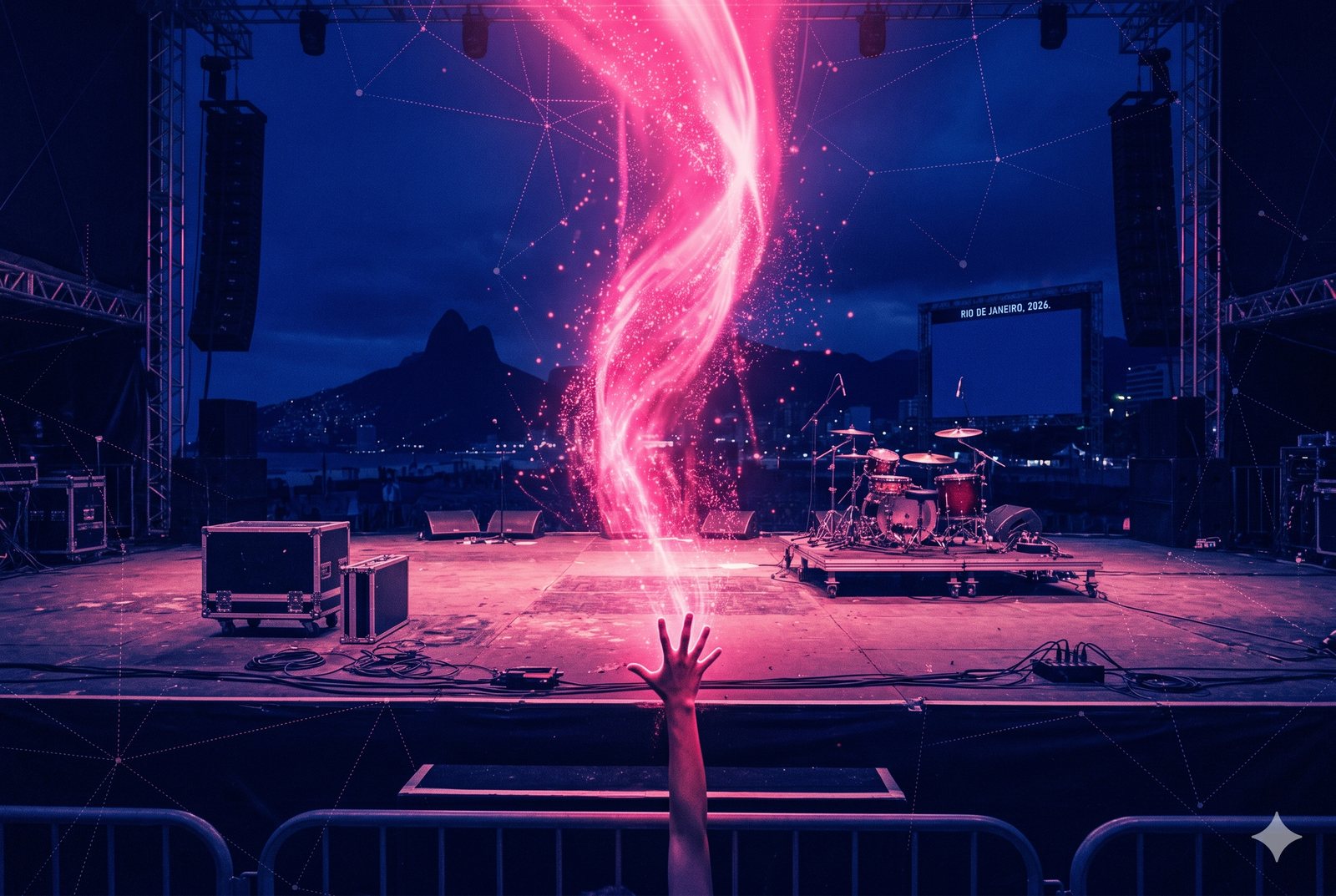 Palco vazio logo após um show; a energia da plateia sobe como uma coluna de luz e partículas de dados, com uma mão tentando capturá-la