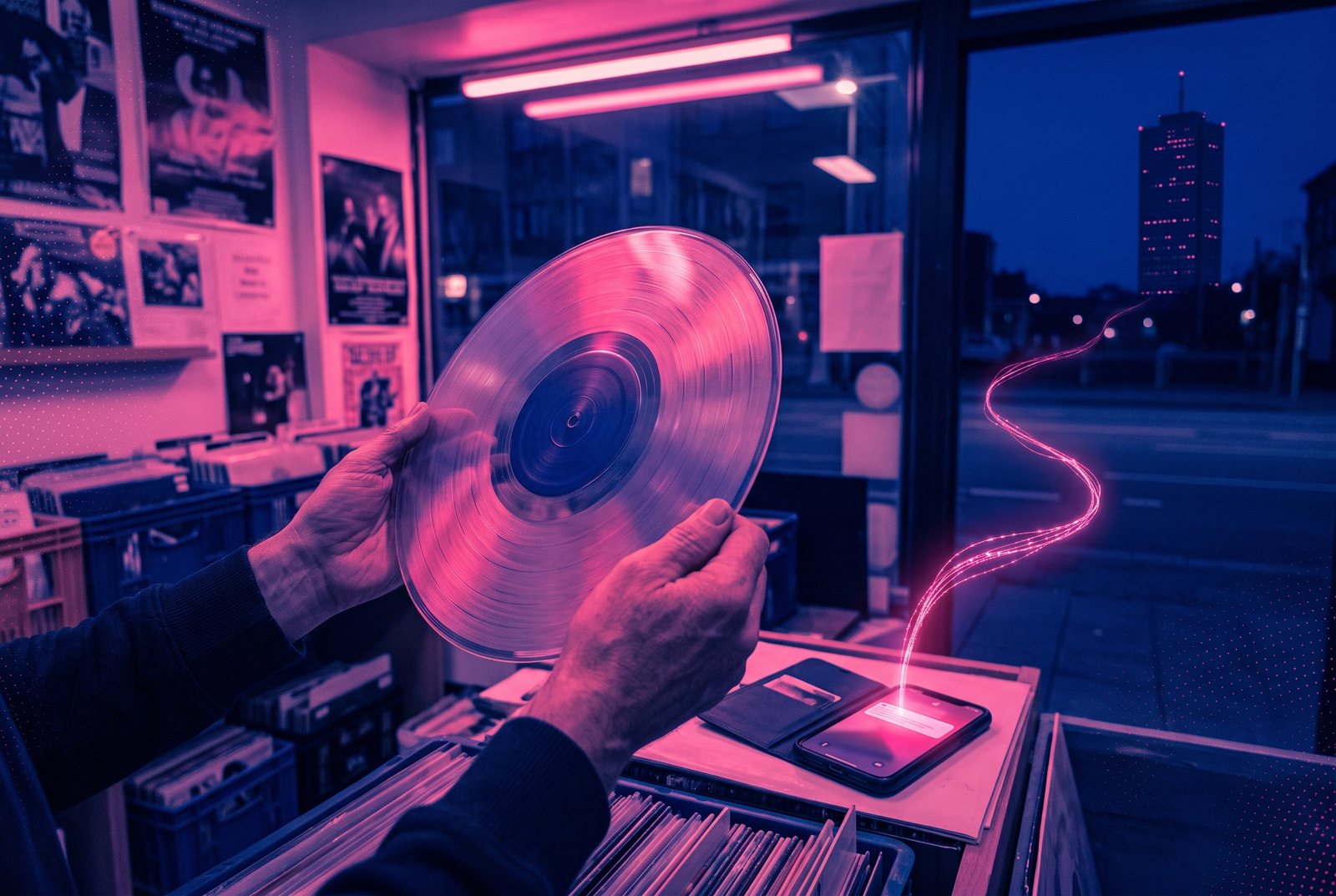 hands holding a translucent blue vinyl record up to the light in a record shop at night; on the counter, a phone with a notification, from which a glowing thread of data runs toward a distant corporate tower