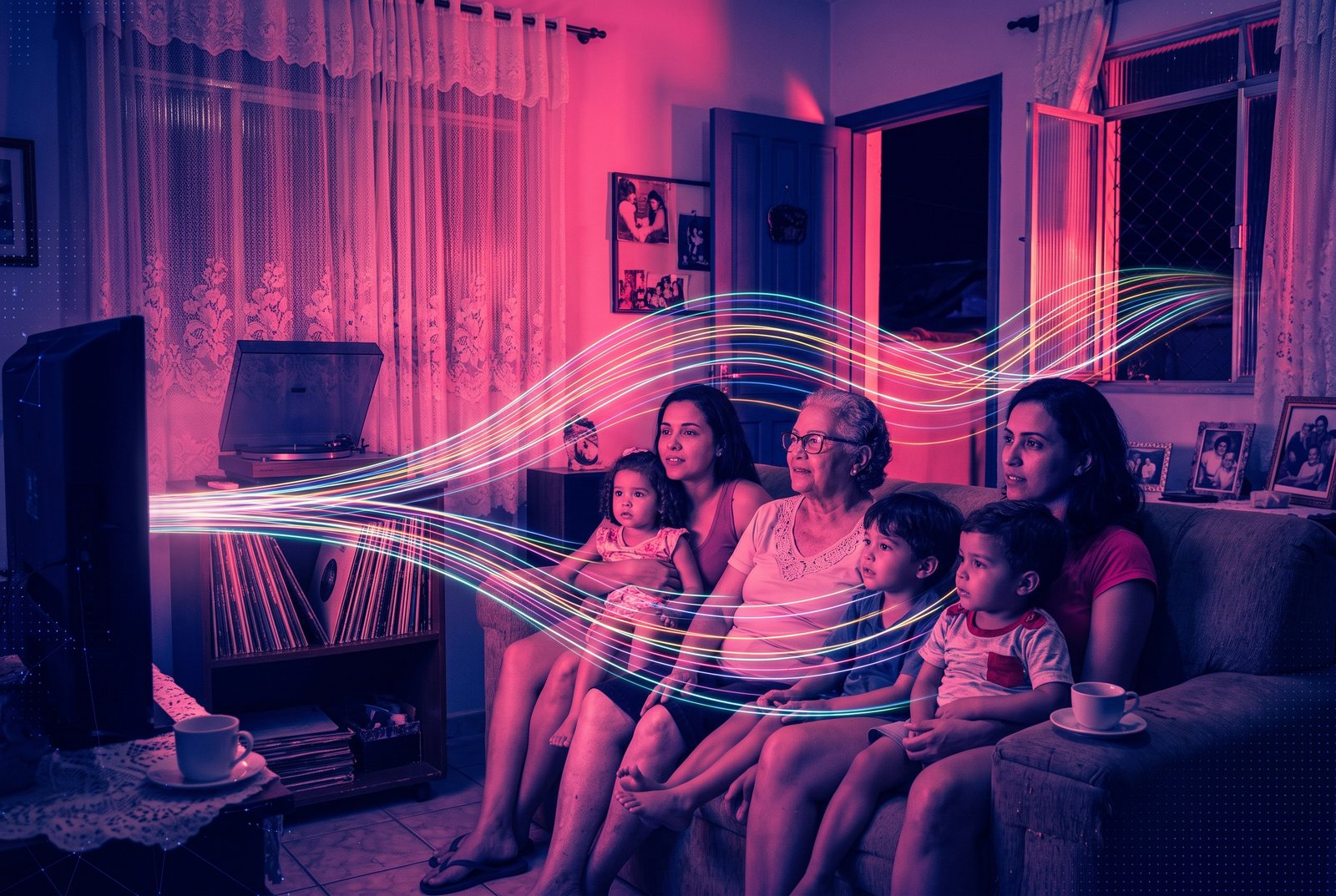 a Brazilian living room at night, the TV's light on the faces of a three-generation family on the couch, a shelf with records and a turntable next to the TV; data threads leave the screen, pass over the people without touching them and drain out of the house