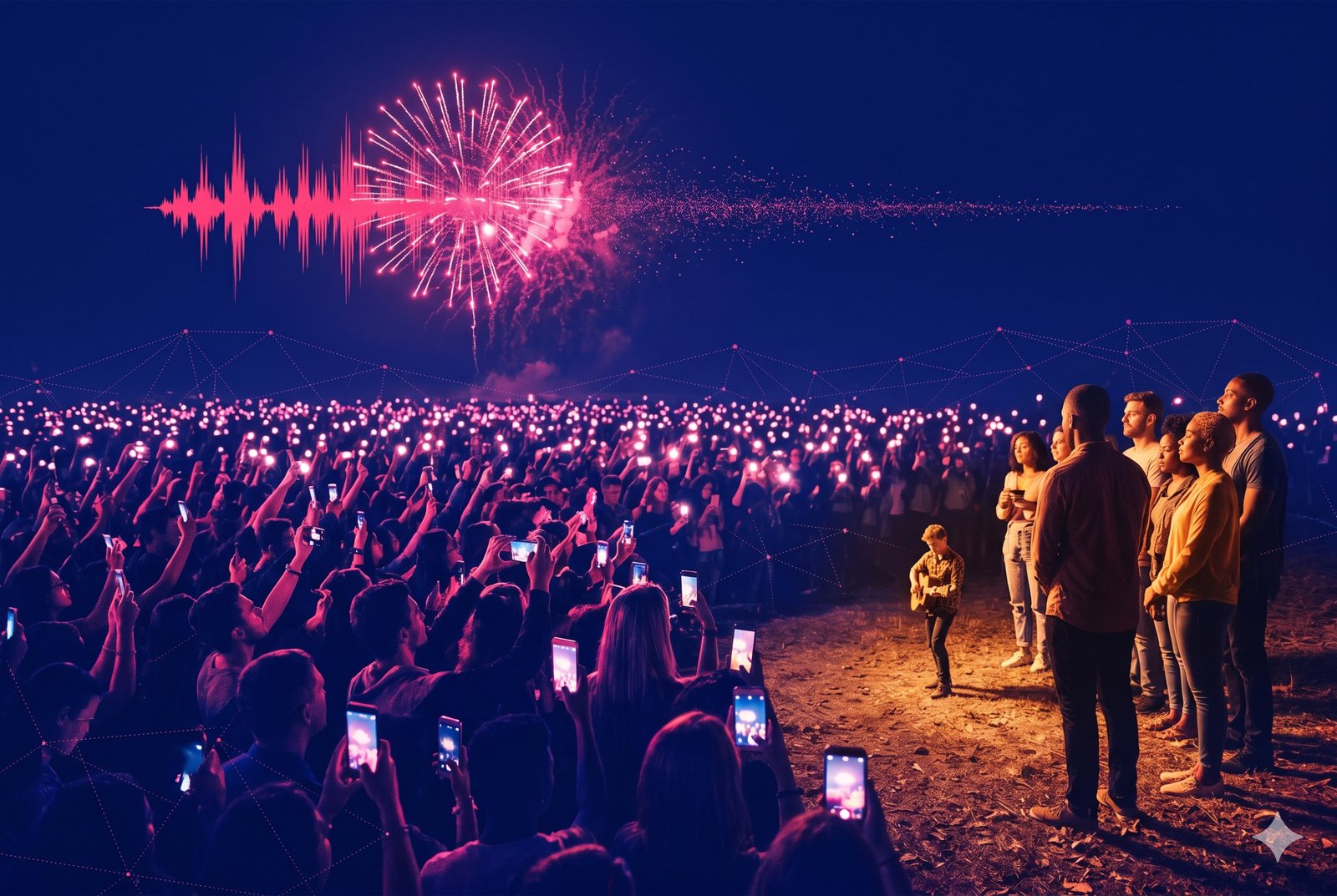 Uma multidão à noite iluminada só pelas telas dos celulares; a forma de onda de uma música explode como fogos e se dissolve no escuro, enquanto um pequeno grupo se vira para o artista — os fãs de verdade